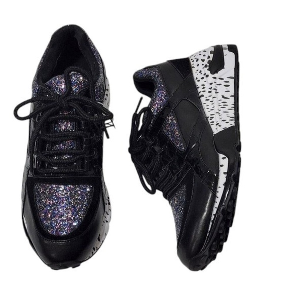 STEVE Madden Barra-G Round-Toe Lace Up Platform Fashion‎ Sneakers Black/Glitter